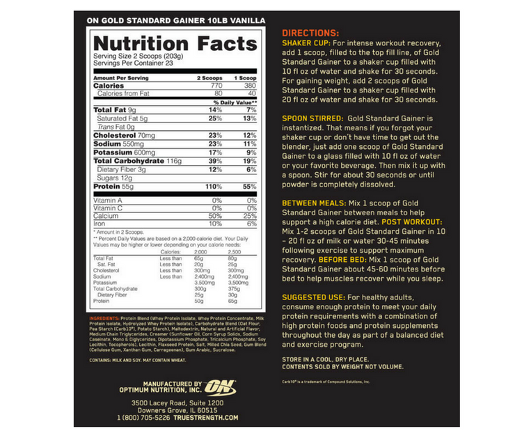 gold gainer 10lb supp facts