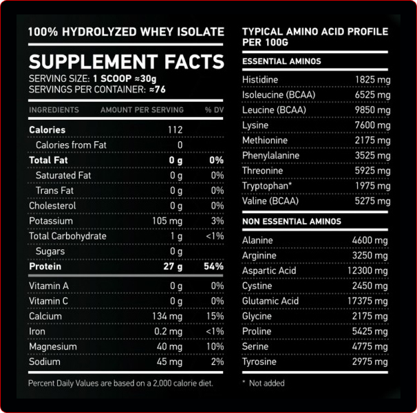 NAR Labs Hydrolysed Whey Isolate 5lbs Supplement Facts